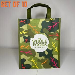 SET OF 10 Whole Foods Market MINI Reusable Tote Bag Green Garden Leaf Print NEW!